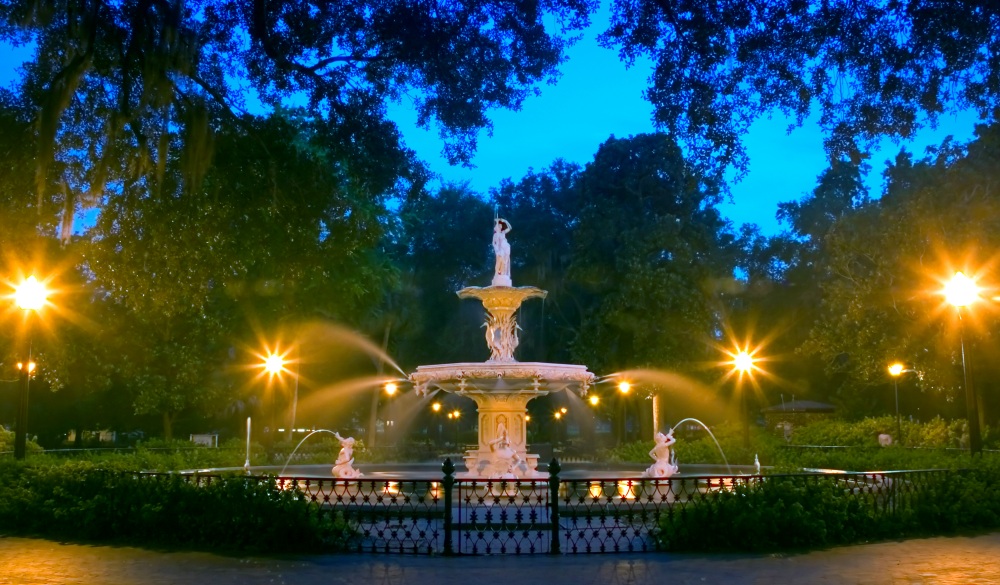 Forsyth Park Fountain at a mid-summer night., affordable romantic getaways