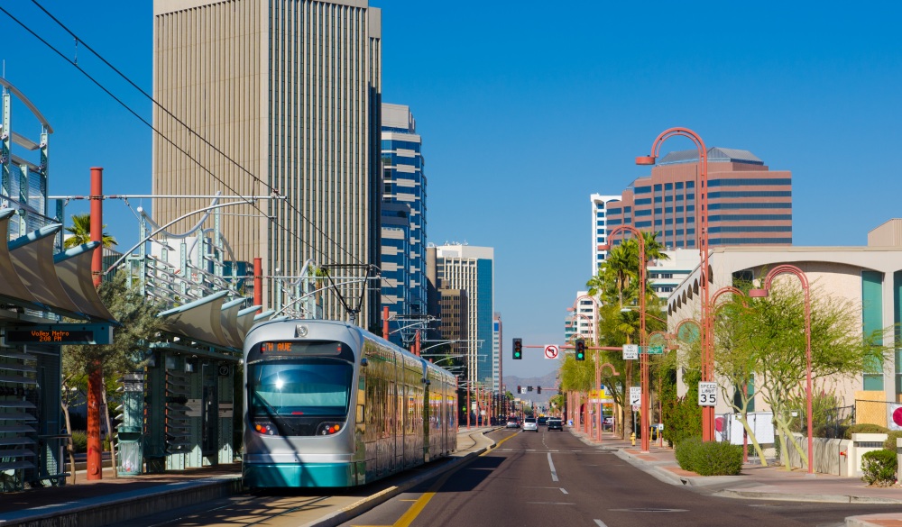 Midtown Phoenix business district and light rail train