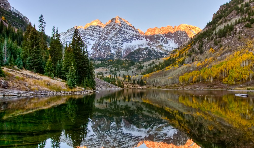 Maroon Bells while being reflected in lake