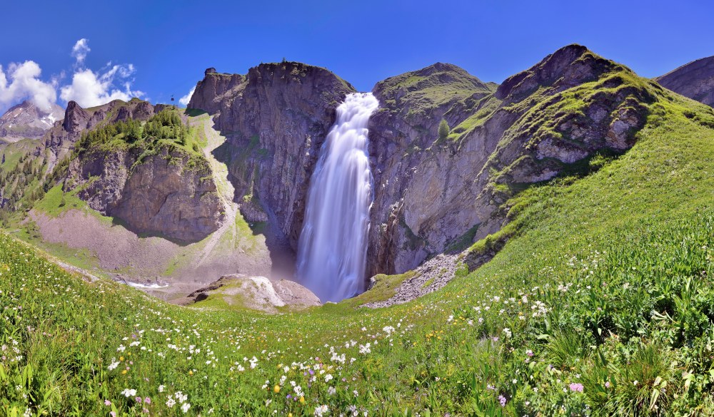 Waterfall, Engstligen Falls, Panorama, Engstligenalp, Adelboden, Bernese Oberland, Canton Bern, Switzerland