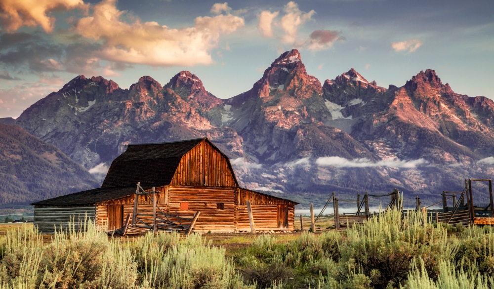 Moulton Barn and Tetons in Morning Light, motorcycle rides road trip