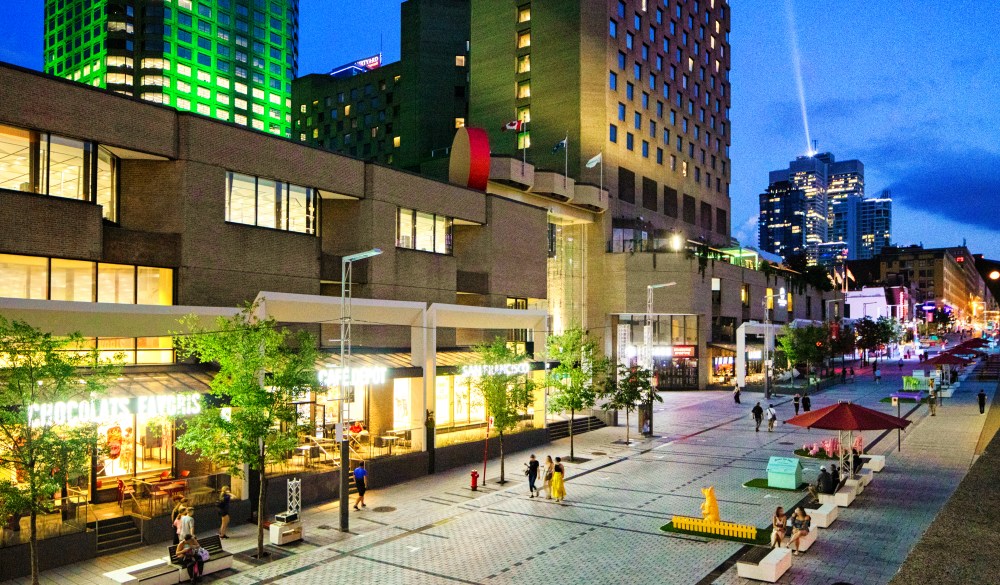 Montreal's Place des festivals skyline at blue hour