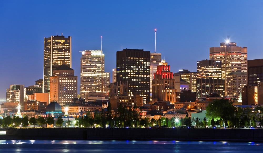 Downtown Montreal along the St. Lawrence river at night